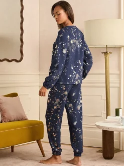 Love & Roses Navy Christmas Long Foil Detail Loungewear Bottoms