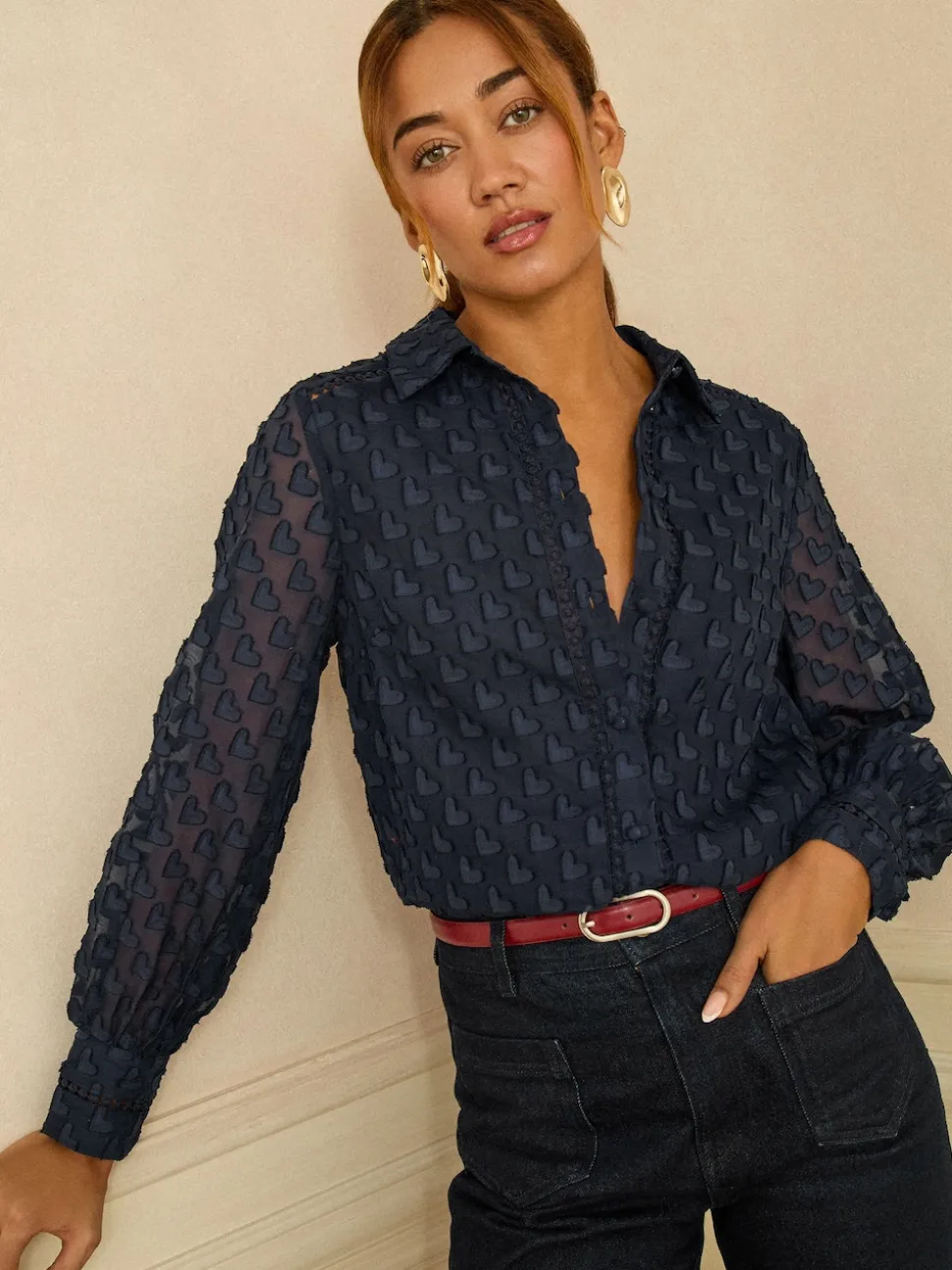 Love & Roses Navy 3D Heart Long Sleeve Button Through Shirt