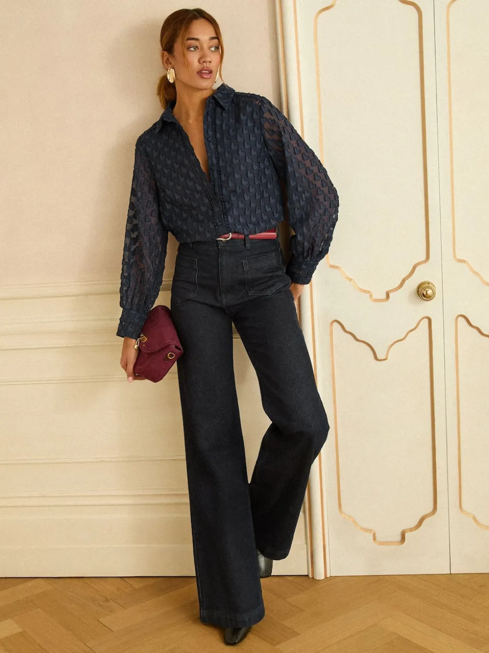 Love & Roses Navy 3D Heart Long Sleeve Button Through Shirt