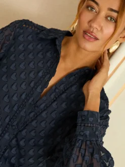Love & Roses Navy 3D Heart Long Sleeve Button Through Shirt