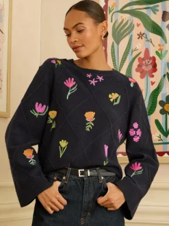 Love & Roses Navy Embroidered Detail Knitted Jumper