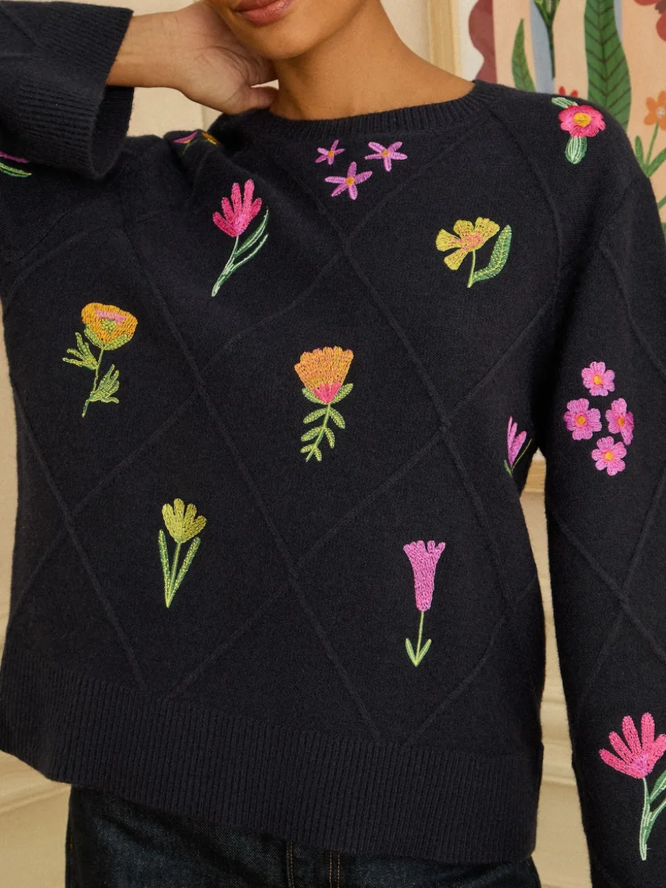 Love & Roses Navy Embroidered Detail Knitted Jumper