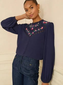 Love & Roses Navy Embroidered Crew Neck Long Sleeve Blouse