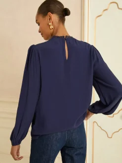 Love & Roses Navy Embroidered Crew Neck Long Sleeve Blouse