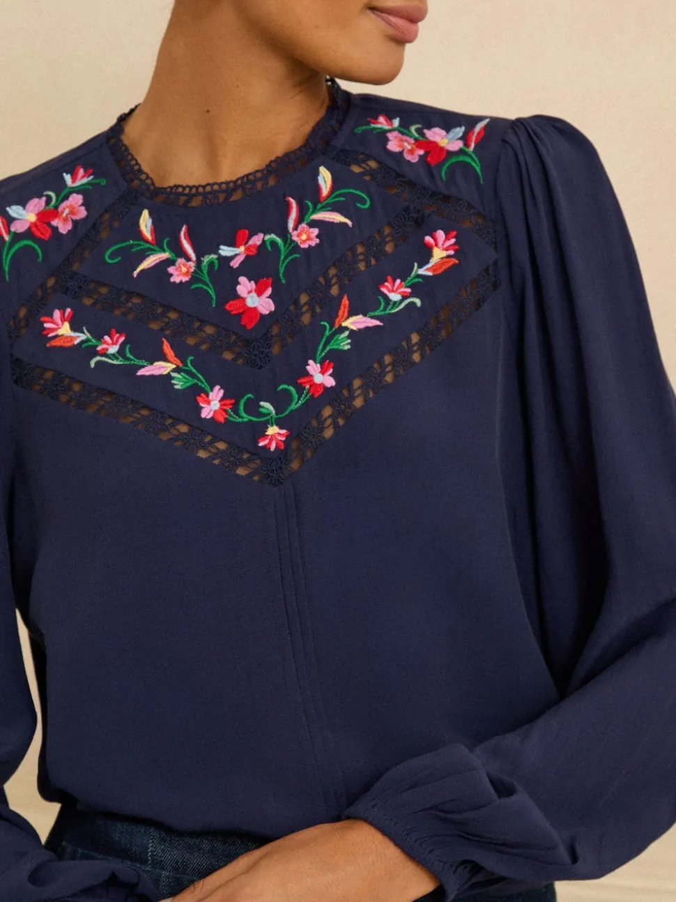 Love & Roses Navy Embroidered Crew Neck Long Sleeve Blouse