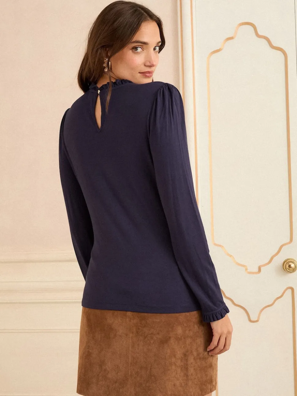 Love & Roses Navy Frill Neck Long Sleeve Jersey Top