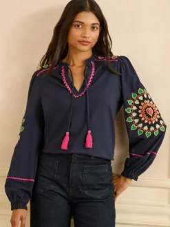 Love & Roses Navy Heart Ric Rac Embroidered Notch Neck Long Sleeve Top