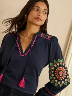 Love & Roses Navy Heart Ric Rac Embroidered Notch Neck Long Sleeve Top