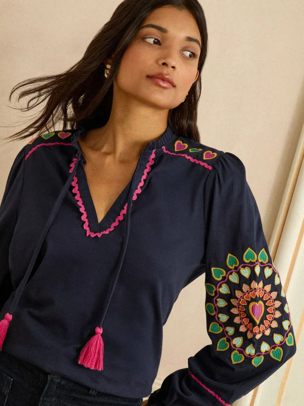 Love & Roses Navy Heart Ric Rac Embroidered Notch Neck Long Sleeve Top