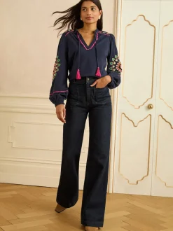 Love & Roses Navy Heart Ric Rac Embroidered Notch Neck Long Sleeve Top