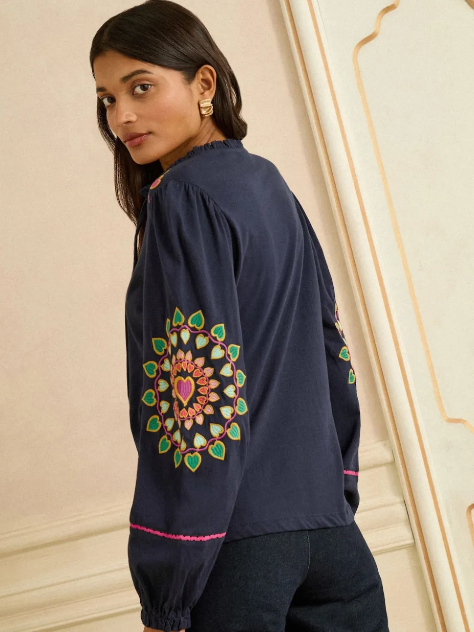 Love & Roses Navy Heart Ric Rac Embroidered Notch Neck Long Sleeve Top