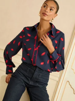 Love & Roses Navy Lips Print Petite Long Sleeve Button Through Shirt