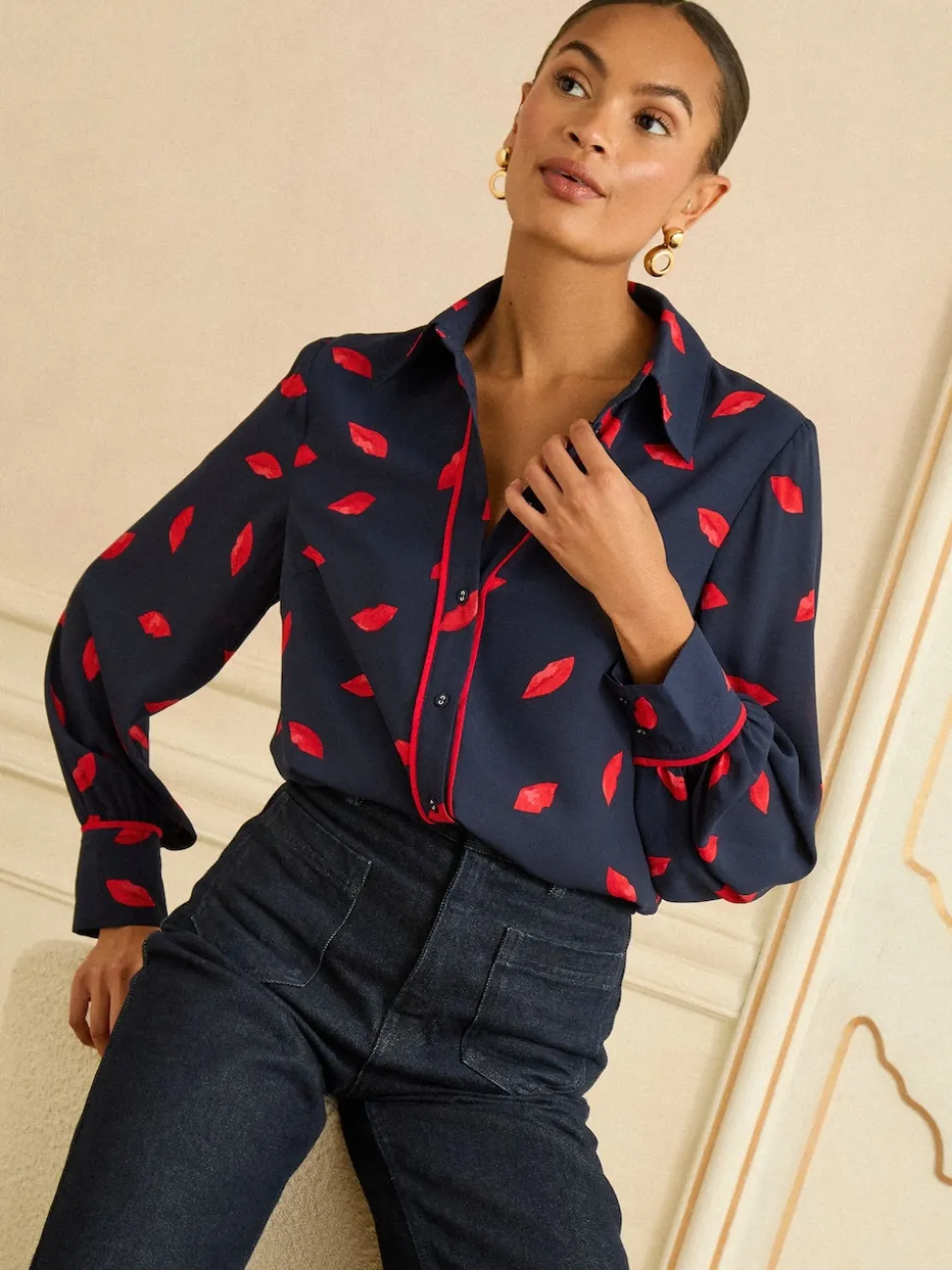 Love & Roses Navy Lips Print Petite Long Sleeve Button Through Shirt