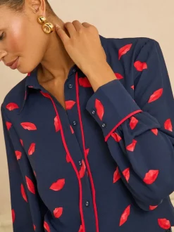Love & Roses Navy Lips Print Petite Long Sleeve Button Through Shirt
