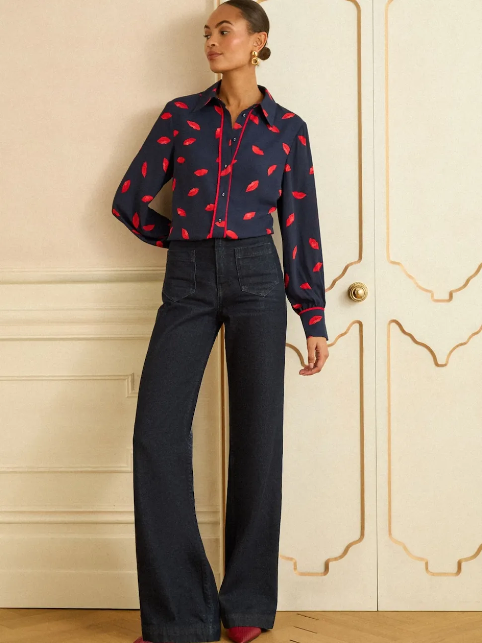 Love & Roses Navy Lips Print Petite Long Sleeve Button Through Shirt