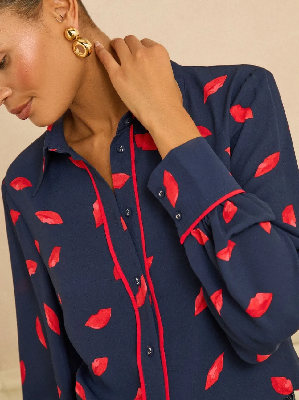 Love & Roses Navy Lips Print Long Sleeve Button Through Shirt