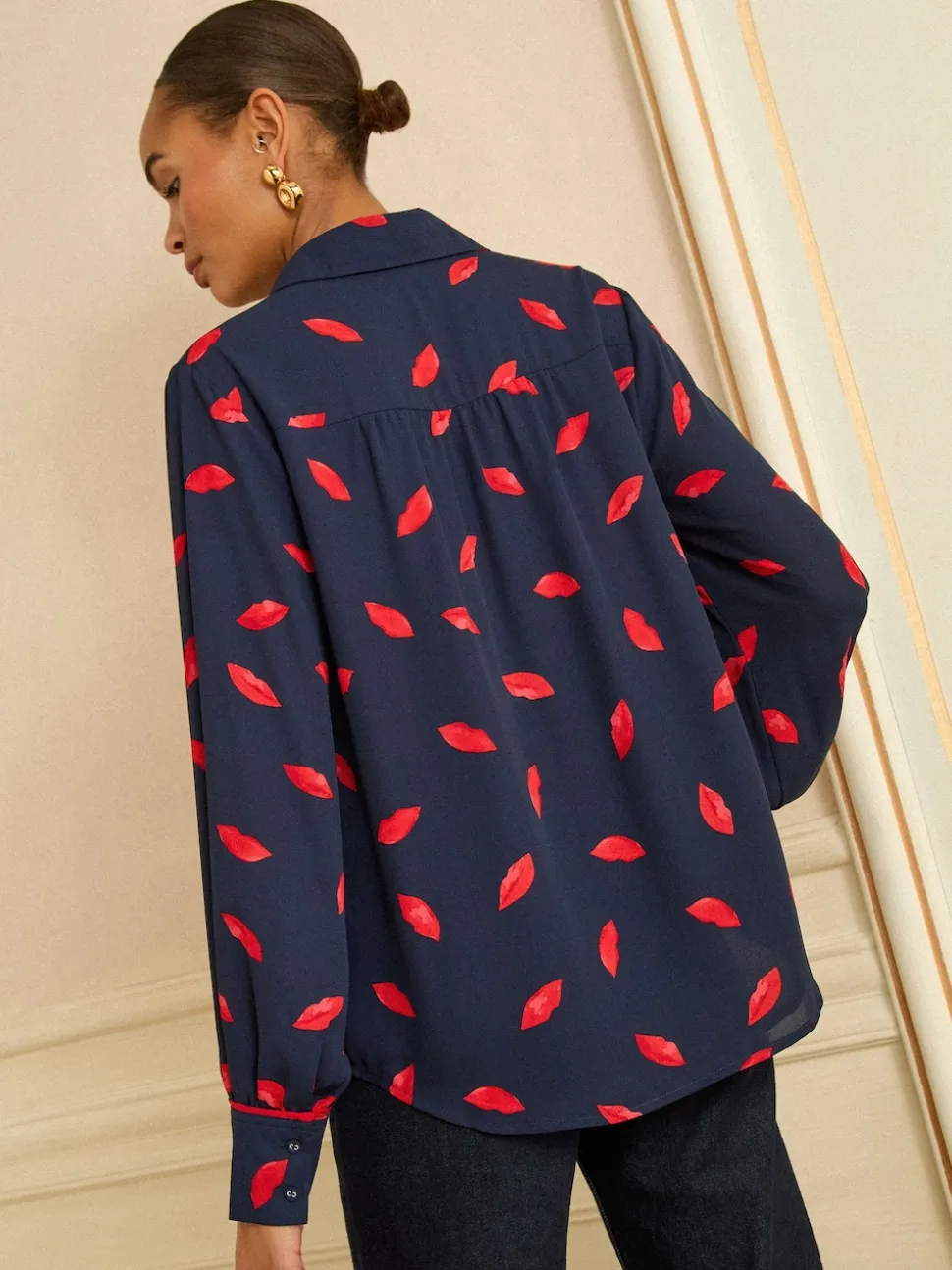 Love & Roses Navy Lips Print Long Sleeve Button Through Shirt
