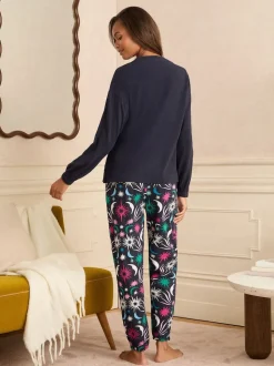 Love & Roses Navy Moon And Star Print Jersey Long Sleeve Pyjamas Set