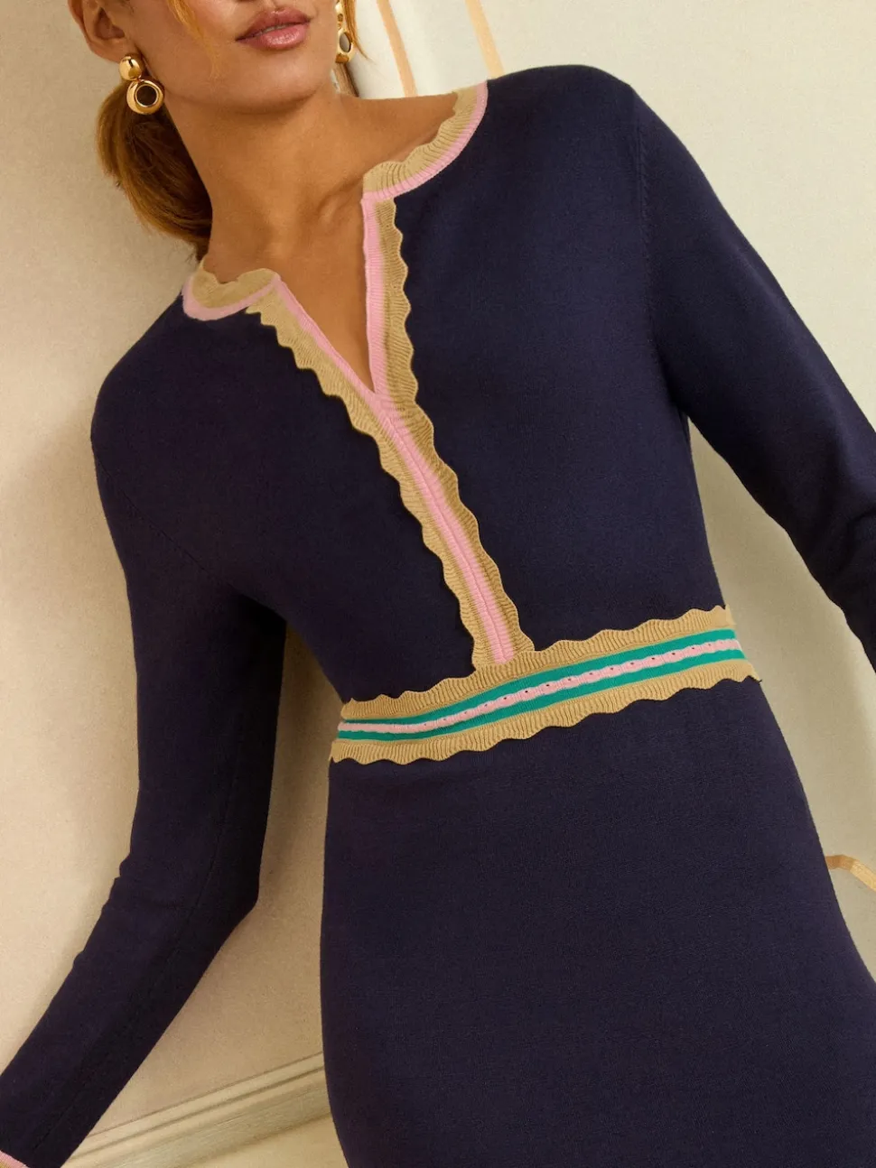 Love & Roses Navy Notch Neck Knitted Midi Dress