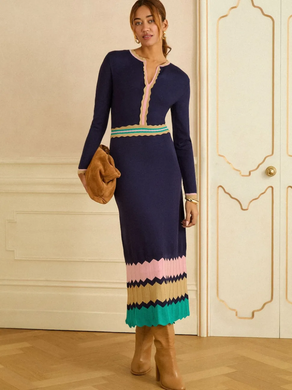 Love & Roses Navy Notch Neck Knitted Midi Dress