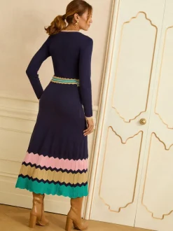 Love & Roses Navy Notch Neck Knitted Midi Dress