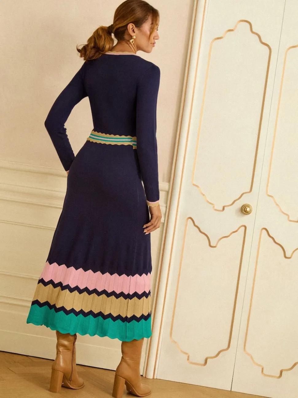 Love & Roses Navy Notch Neck Knitted Midi Dress