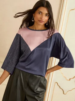Love & Roses Navy Pink and Sparkly Satin Front V-Neck Short Sleeve Top