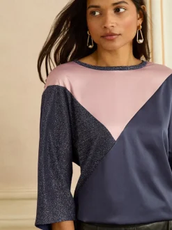 Love & Roses Navy Pink and Sparkly Satin Front V-Neck Short Sleeve Top