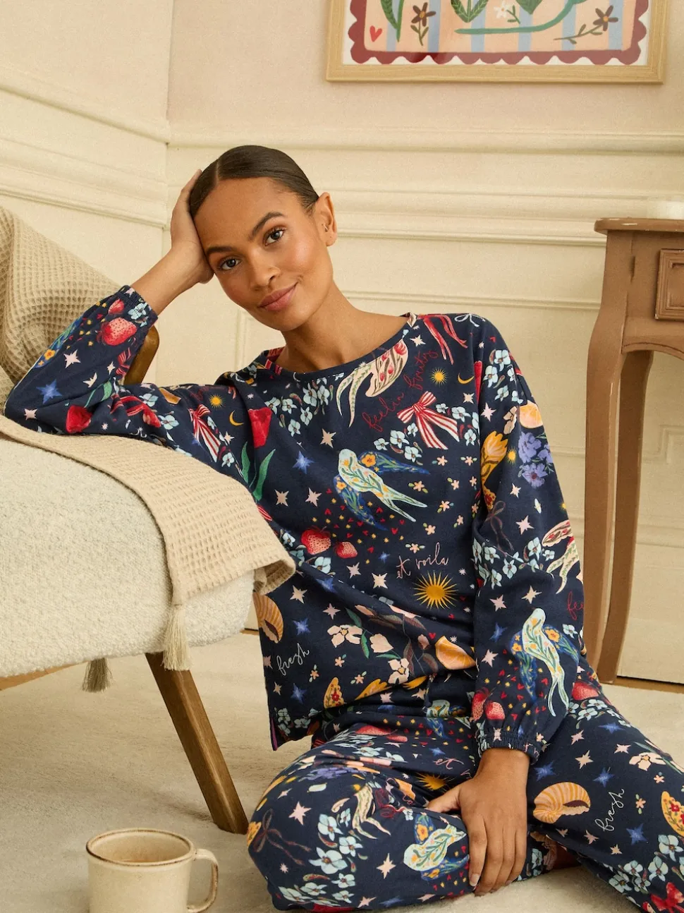 Love & Roses Navy Print Jersey Long Sleeve Pyjamas Set