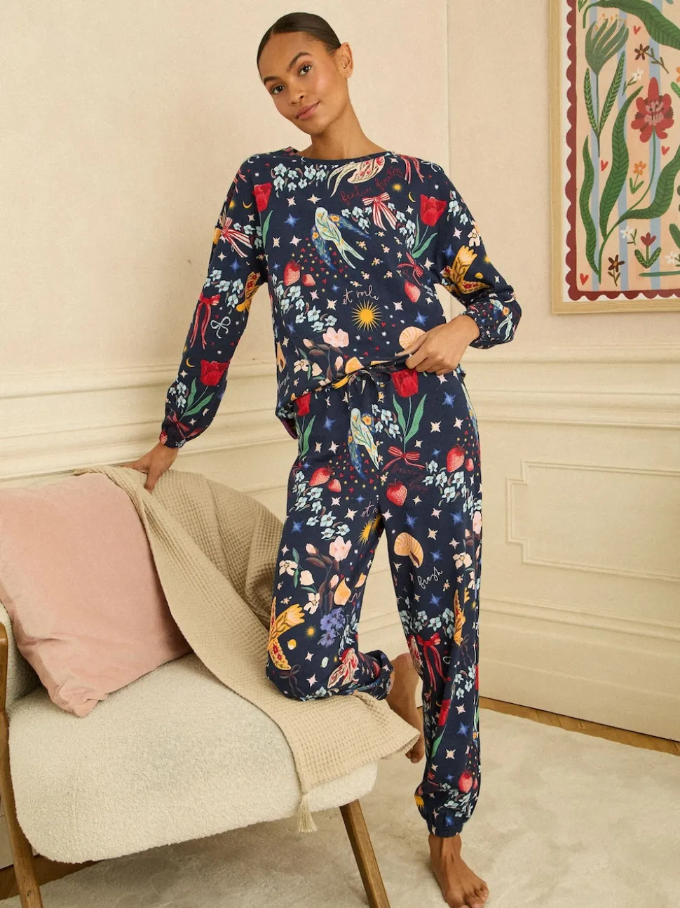 Love & Roses Navy Print Jersey Long Sleeve Pyjamas Set