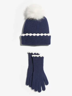 Love & Roses Navy Scallop Trim Ribbed Pom Hat and Gloves Set