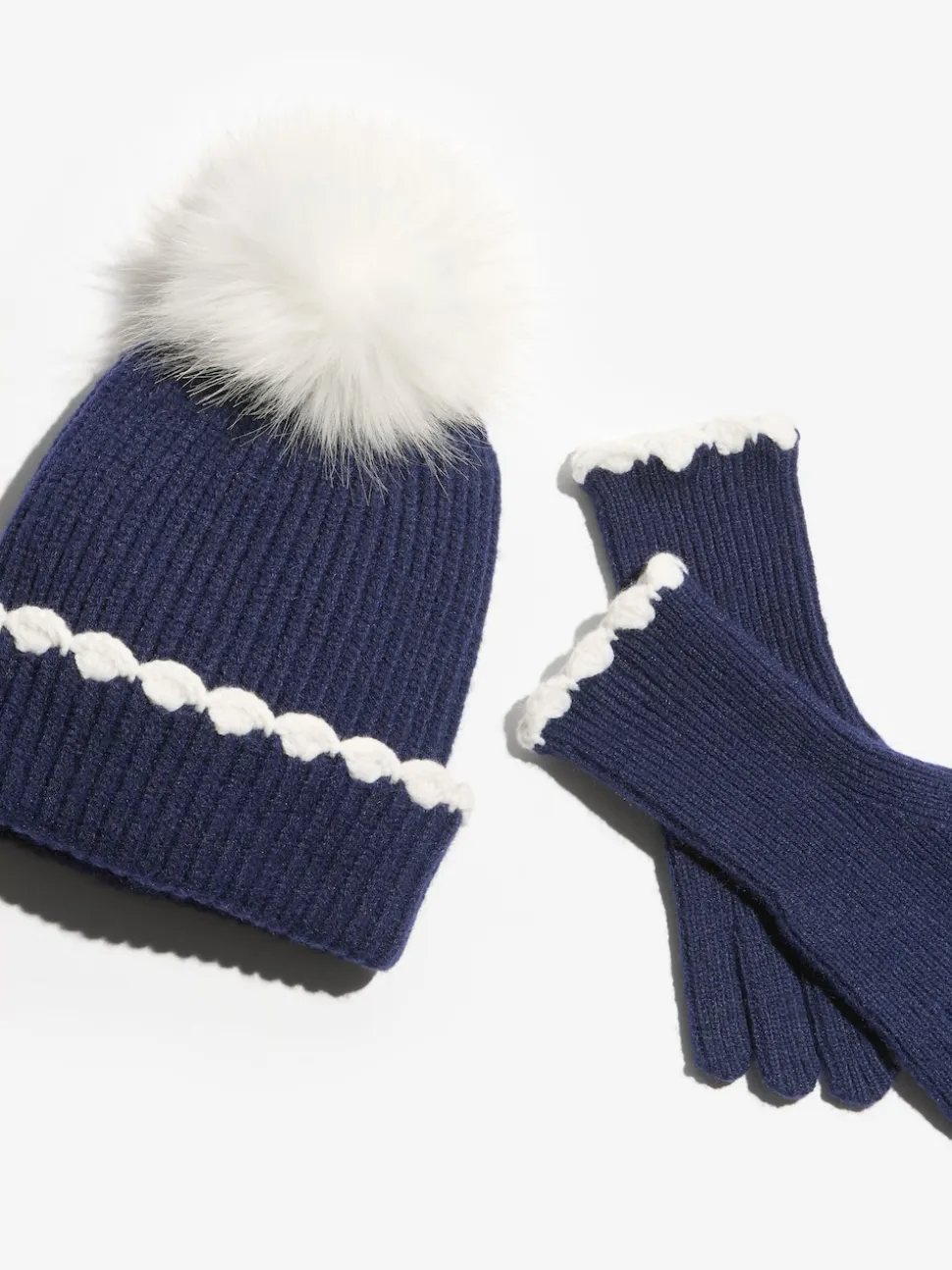 Love & Roses Navy Scallop Trim Ribbed Pom Hat and Gloves Set
