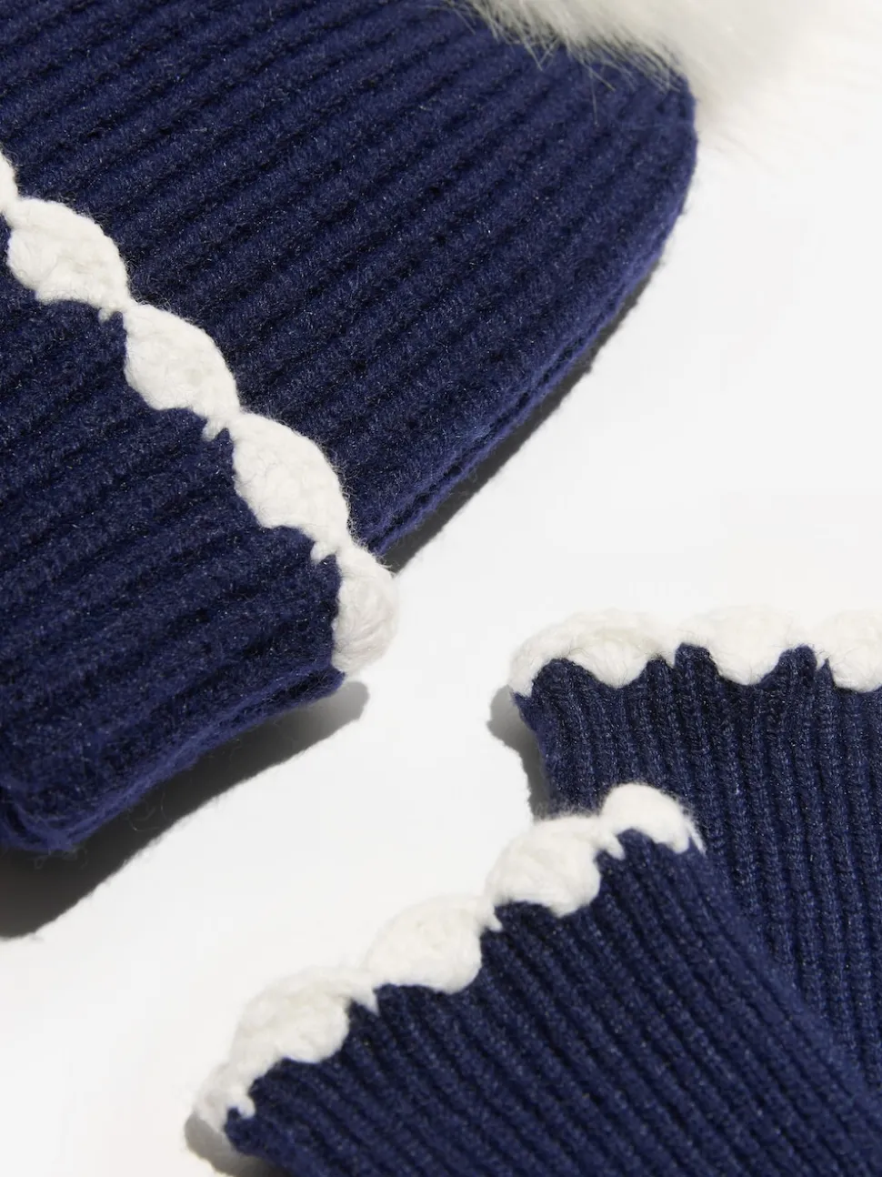 Love & Roses Navy Scallop Trim Ribbed Pom Hat and Gloves Set