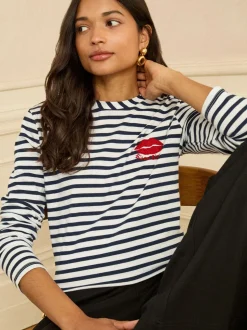 Love & Roses Navy Stripe Tie Back Embroidered Bisou Long Sleeve Jersey Top