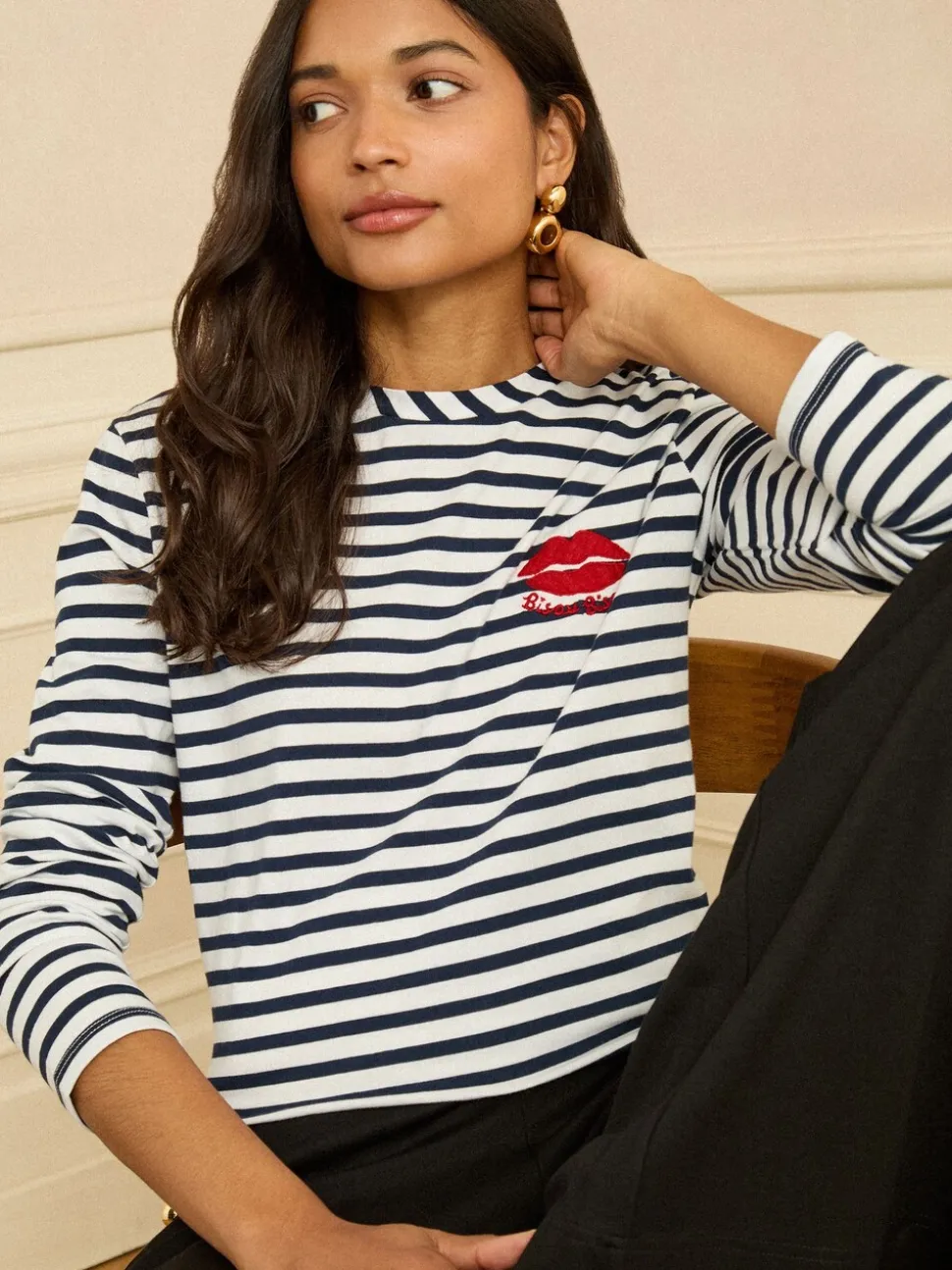 Love & Roses Navy Stripe Tie Back Embroidered Bisou Long Sleeve Jersey Top
