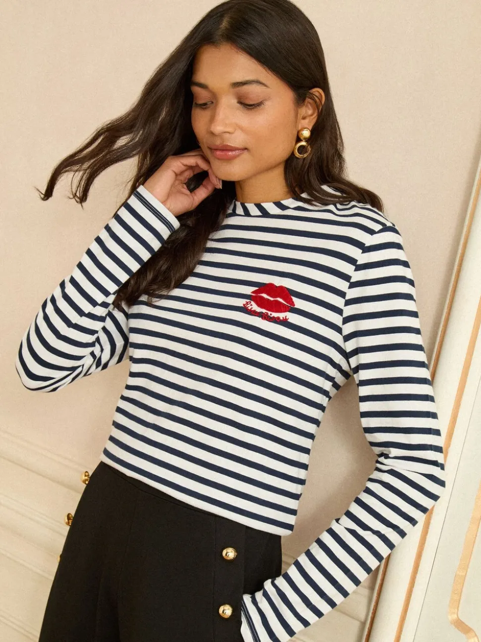 Love & Roses Navy Stripe Tie Back Embroidered Bisou Long Sleeve Jersey Top