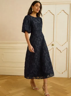 Love & Roses Navy Textured Puff Sleeve Crew Neck Midi Dress