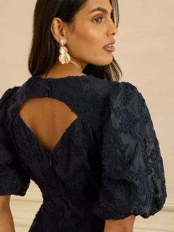 Love & Roses Navy Textured Puff Sleeve Crew Neck Midi Dress