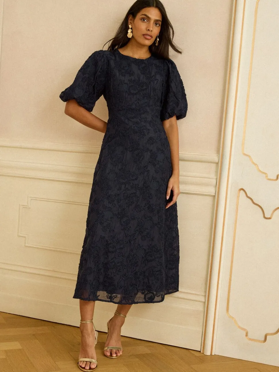 Love & Roses Navy Textured Puff Sleeve Crew Neck Midi Dress