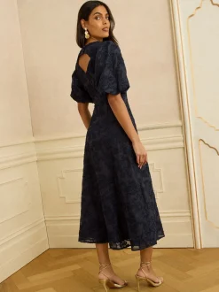 Love & Roses Navy Textured Puff Sleeve Crew Neck Midi Dress