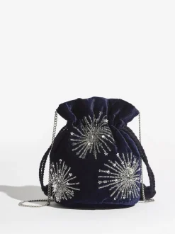 Love & Roses Navy Velvet Sequin Embellished Pouch Bag