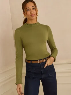 Love & Roses Olive Green Frill Neck Long Sleeve Jersey Top