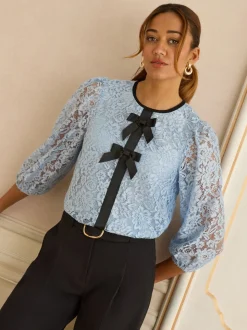 Love & Roses Pale Blue Lace 3/4 Sleeve Bow Detail Blouse