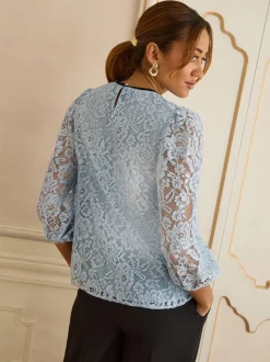 Love & Roses Pale Blue Lace 3/4 Sleeve Bow Detail Blouse