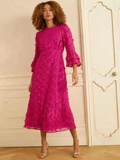 Love & Roses Pink 3D Flute Sleeve Midi Dress
