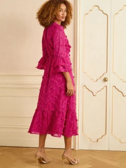 Love & Roses Pink 3D Flute Sleeve Midi Dress