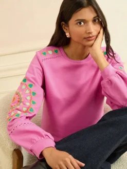 Love & Roses Pink Heart Ric Rac Embroidered Sweat Top