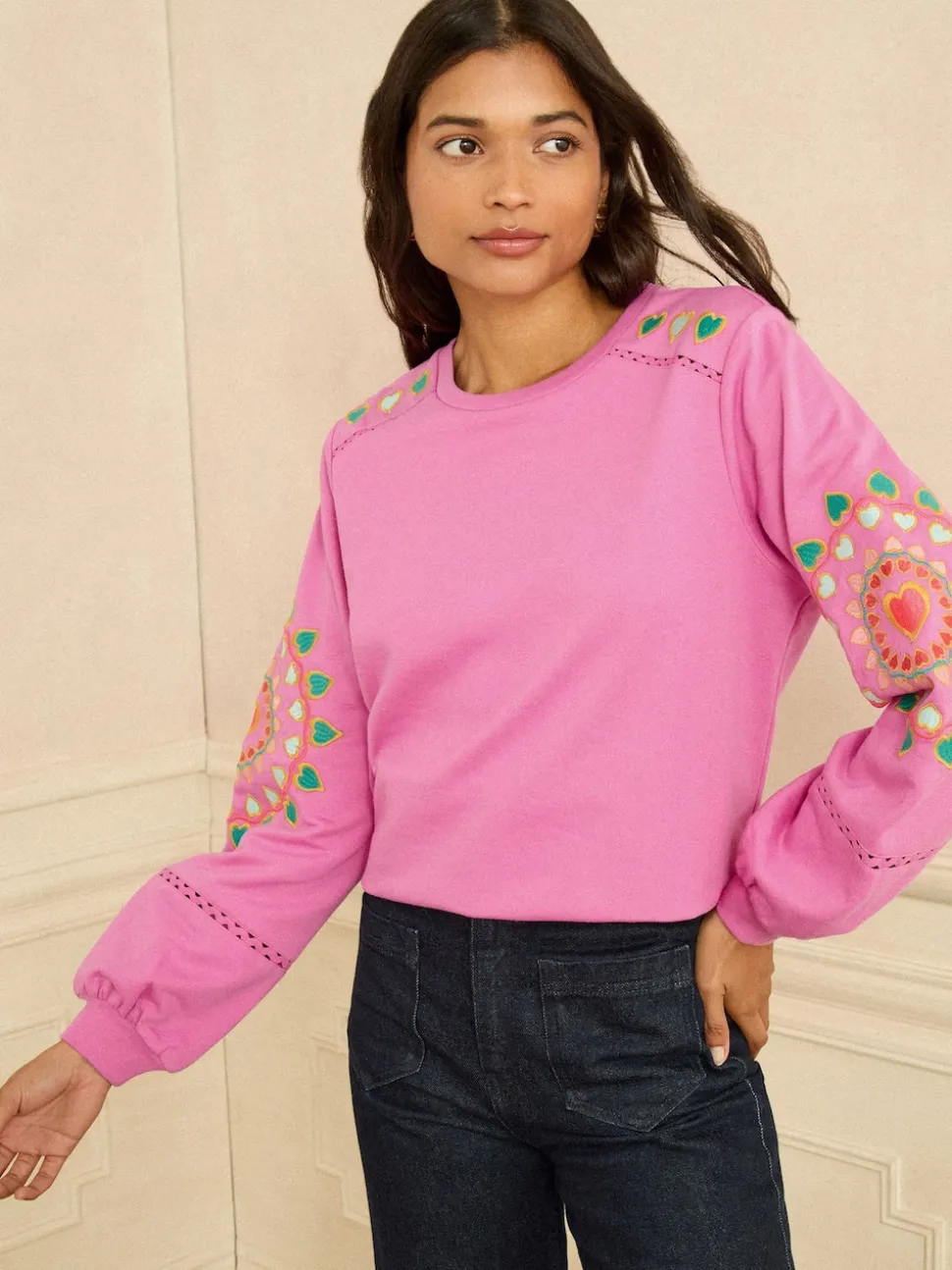 Love & Roses Pink Heart Ric Rac Embroidered Sweat Top