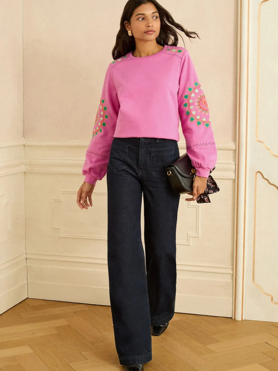 Love & Roses Pink Heart Ric Rac Embroidered Sweat Top
