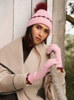 Love & Roses Pink Scallop Trim Ribbed Pom Hat and Gloves Set